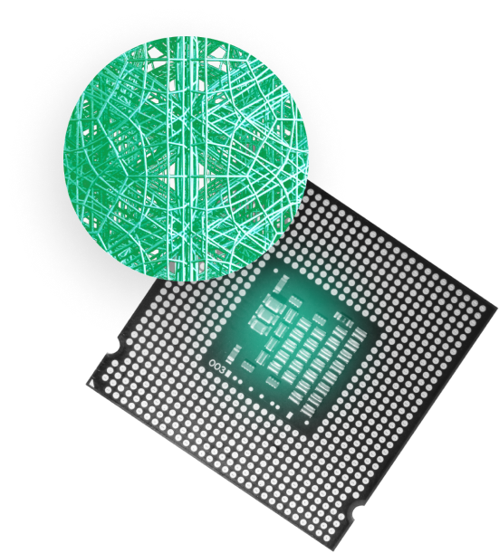 A geometric digital rendering of a MOF lattice over a microchip,
