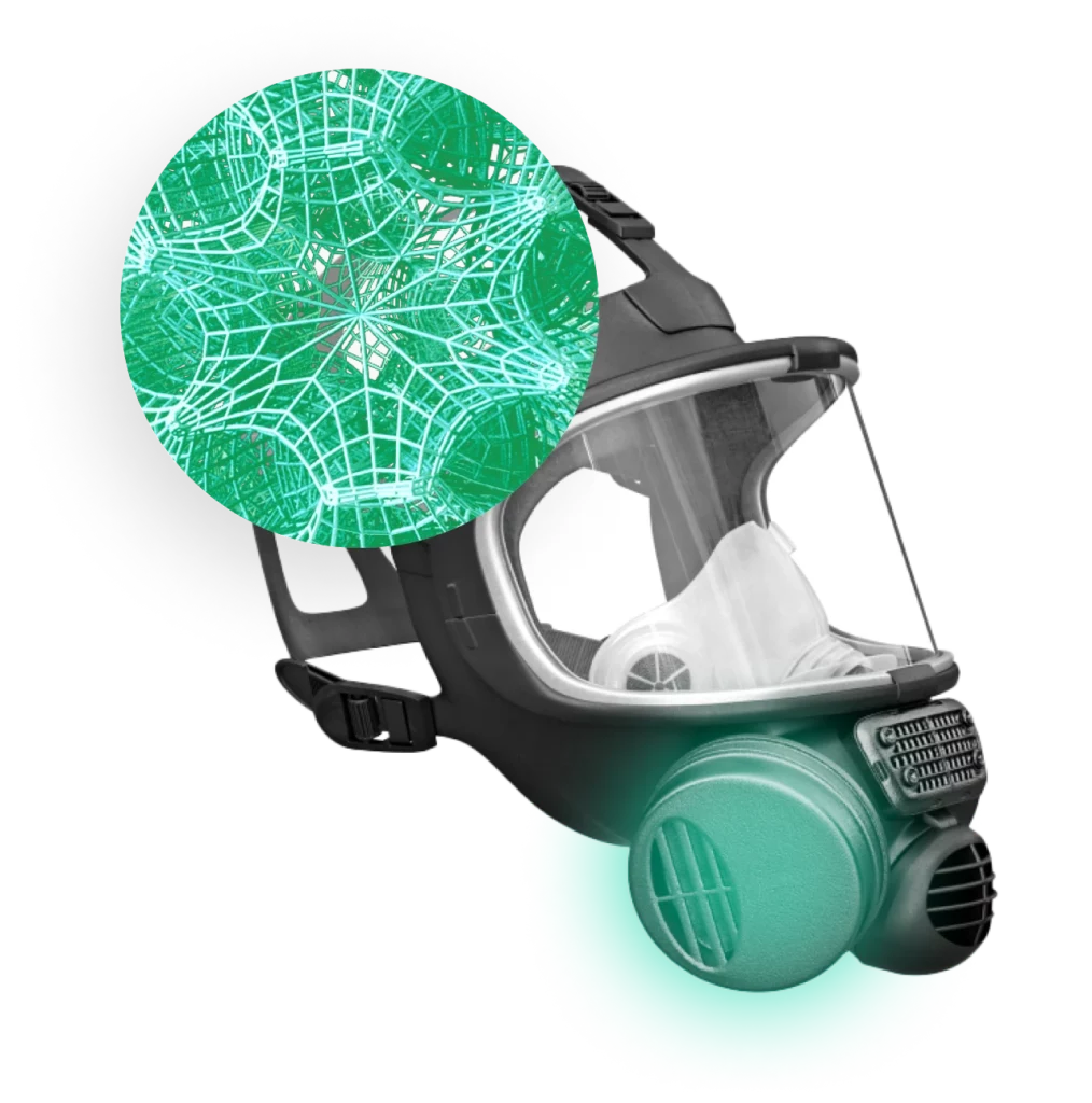 A geometric digital rendering of a MOF lattice and a respirator