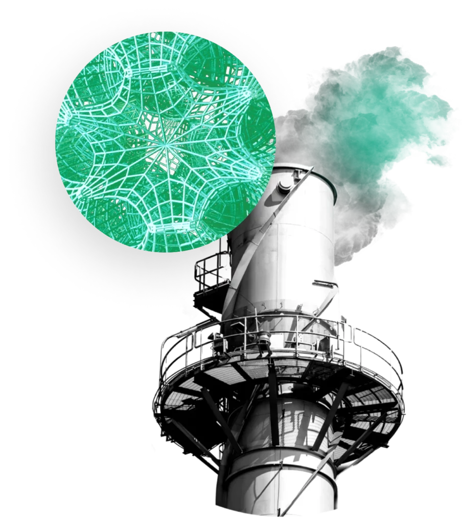 A factory smokestack emits a green-highlighted plume, symbolizing the use of MOFs to reduce or capture harmful emissions.
