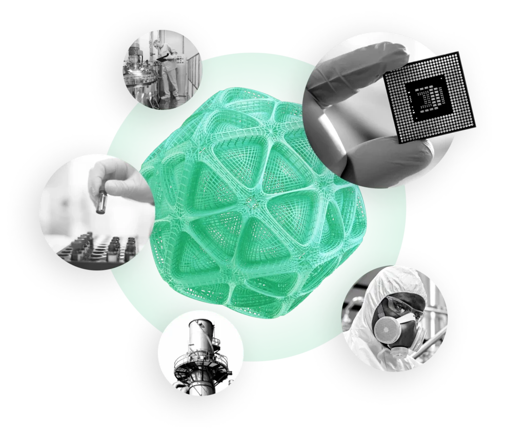 A geometric digital rendering of a MOF lattice, surrounded by a worker in a plant, a hand with a glass vial, a microchip, and smokestack and person in PPE and a respirator